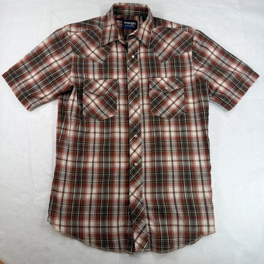 Wrangler Pearl Snap Western Shirt Mens Small Brown Plaid Short Sleeve